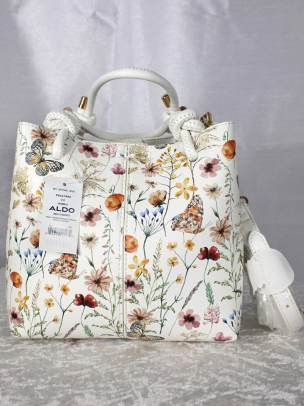 NWT ALDO Floral Butterfly Satchel Crossbody Bag with Flower Charm White - Picture 3 of 10